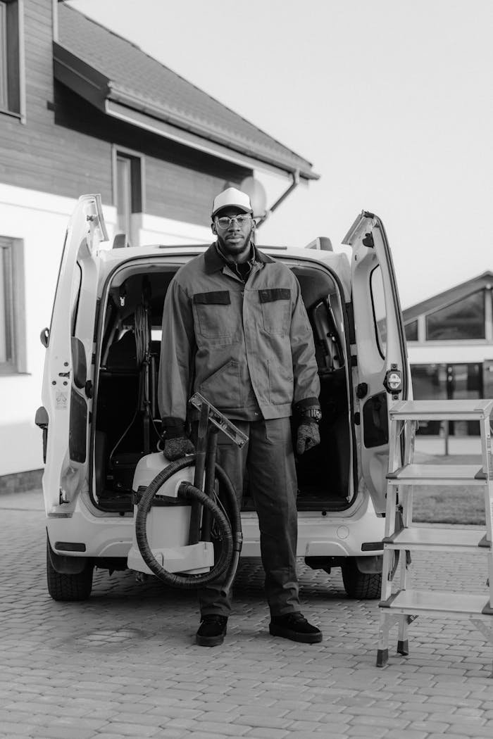 portfolio-05 Grayscale image of a professional cleaner standing near a van with vacuum equipment outdoors.