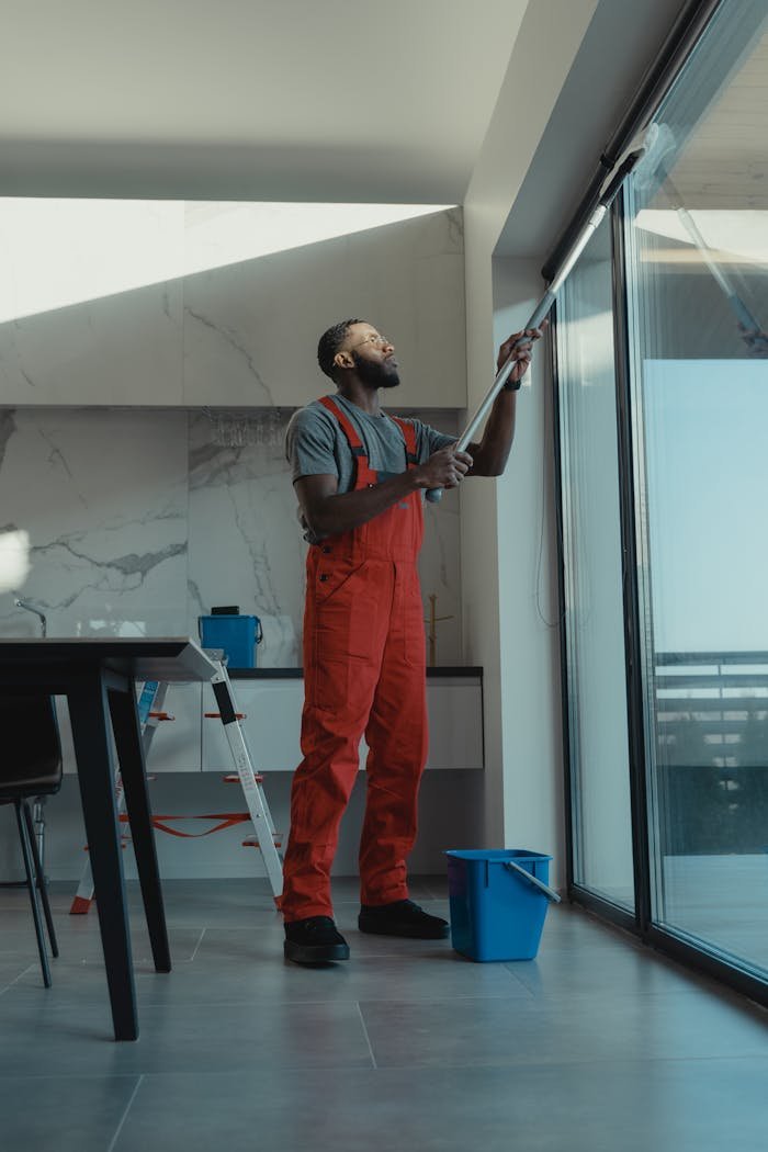 portfolio-02 A man in coveralls cleans a large window in a stylish, modern home interior.