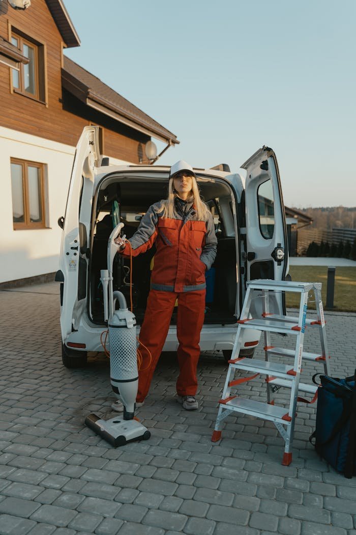 stats-img A cleaner in uniform stands beside a van with cleaning tools outside a modern house at sunset.
