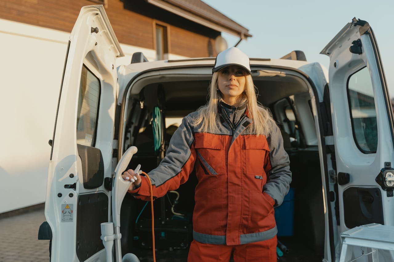why-choose-us Female worker in uniform standing by a cleaning service van outdoors during the day.